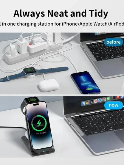 KPON 3-in-1 Wireless Charging Station – Fast Charger Stand for iPhone, Apple Watch & AirPods (Apple-Only)