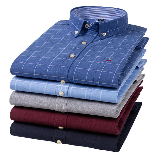 100% Cotton Oxford Long Sleeve Men's Plaid Dress Shirt – Regular Fit Formal Shirt with Pocket (S–7XL)