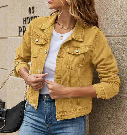 Women’s Short Denim Jacket – Trendy Lapel, Pocket Design, Single-Breasted Spring & Autumn Outwear