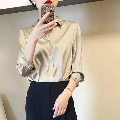Elegant Satin Button-Down Blouse – Women’s Long Sleeve French Solid Shirt for Work & Evenings