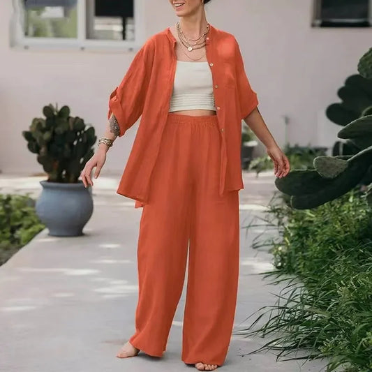 Women's 2-Piece Long Sleeve Shirt & Pants Set – Solid Color, Loose Fit, Casual Loungewear Outfit for Spring/Summer