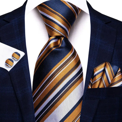 Navy Blue Striped Silk Tie Set for Men – Necktie, Pocket Square & Cufflinks – Formal Business & Wedding Gift Set