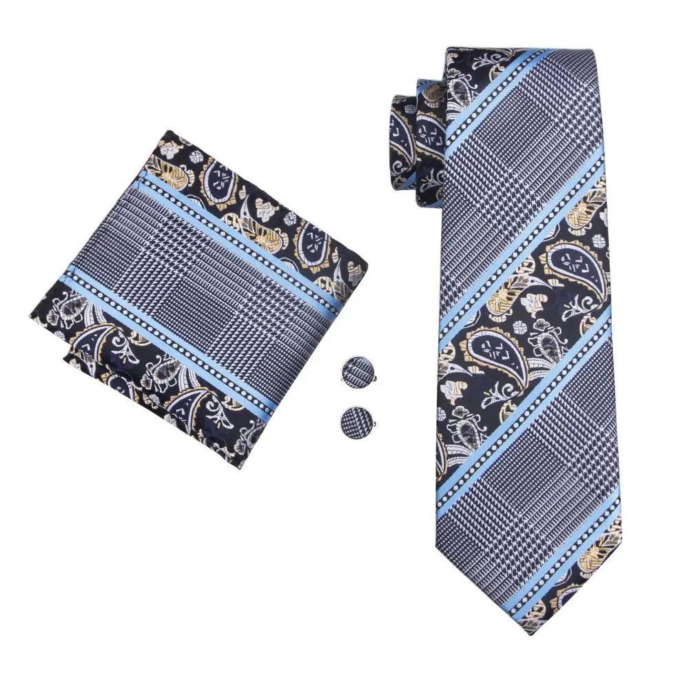 Navy Blue Striped Silk Tie Set for Men – Necktie, Pocket Square & Cufflinks – Formal Business & Wedding Gift Set