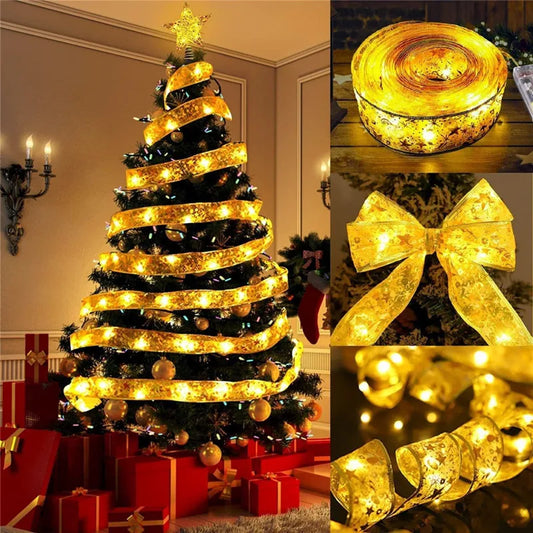 Christmas Decoration LED Ribbon Fairy Lights Christmas Tree Ornaments for Home DIY Bows Light String Navidad New Year 2025