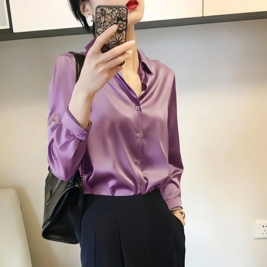 Elegant Satin Button-Down Blouse – Women’s Long Sleeve French Solid Shirt for Work & Evenings
