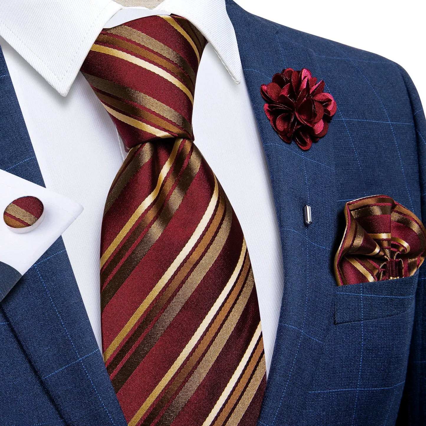 Blue & Silver Paisley Silk Tie Set – 8cm Necktie + Pocket Square + Cufflinks + Brooch – Elegant Men’s Gift for Weddings & Holidays
