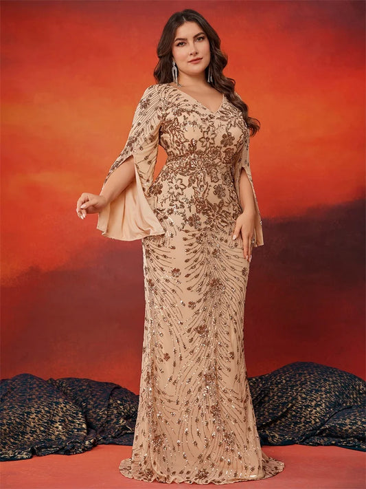 Plus Size Gold Sequin Mermaid Evening Gown – Long Sleeve Formal Dress for Weddings, Prom & Special Occasions