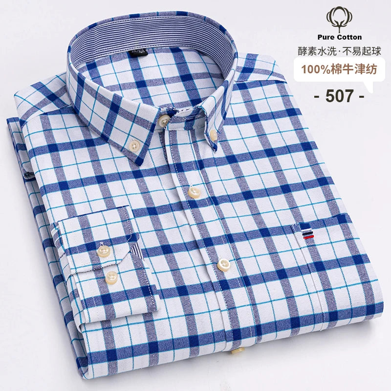 100% Cotton Oxford Long Sleeve Men's Plaid Dress Shirt – Regular Fit Formal Shirt with Pocket (S–7XL)