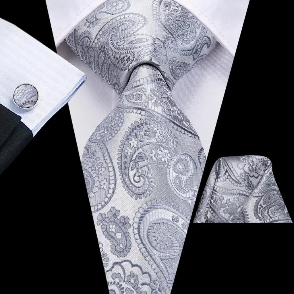 White & Grey Paisley Tie Set – Silk Necktie, Pocket Square & Cufflinks for Men – Formal Wedding & Business Accessory