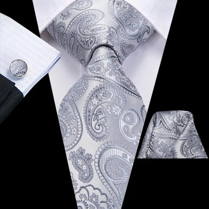White & Grey Paisley Tie Set – Silk Necktie, Pocket Square & Cufflinks for Men – Formal Wedding & Business Accessory