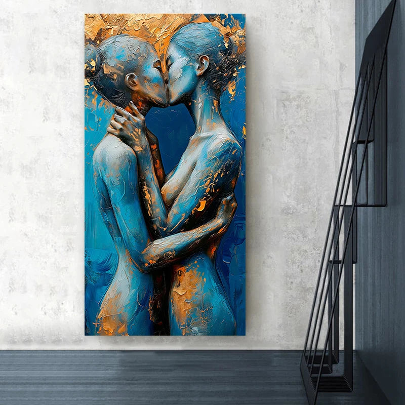 Romantic Girls Kissing Love Couples Canvas Painting Wall Art Blue Body Golden Touches Lesbian Poster Print Home Decor Cuadros