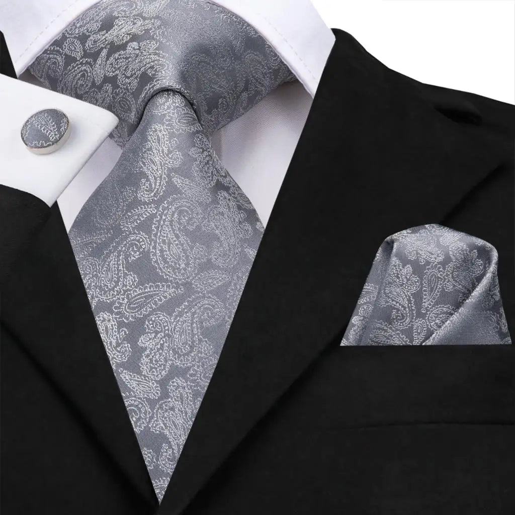 White & Grey Paisley Tie Set – Silk Necktie, Pocket Square & Cufflinks for Men – Formal Wedding & Business Accessory