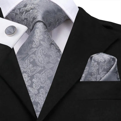 White & Grey Paisley Tie Set – Silk Necktie, Pocket Square & Cufflinks for Men – Formal Wedding & Business Accessory