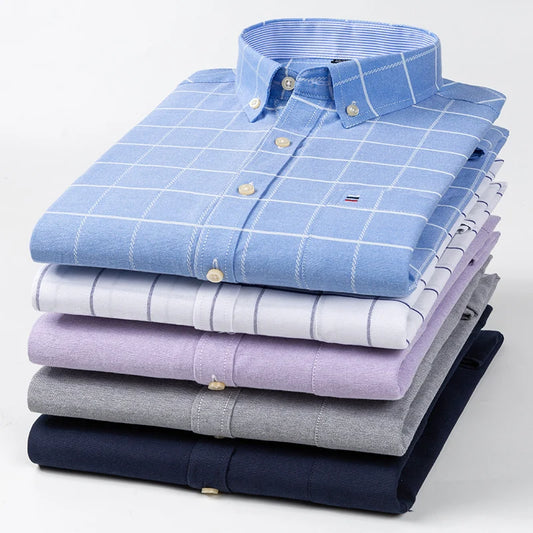 100% Cotton Oxford Long Sleeve Men's Plaid Dress Shirt – Regular Fit Formal Shirt with Pocket (S–7XL)