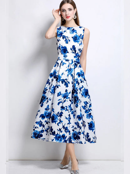 Elegant Sleeveless Printed A-Line Dress – Slim Fit Summer Fashion Dress for Women