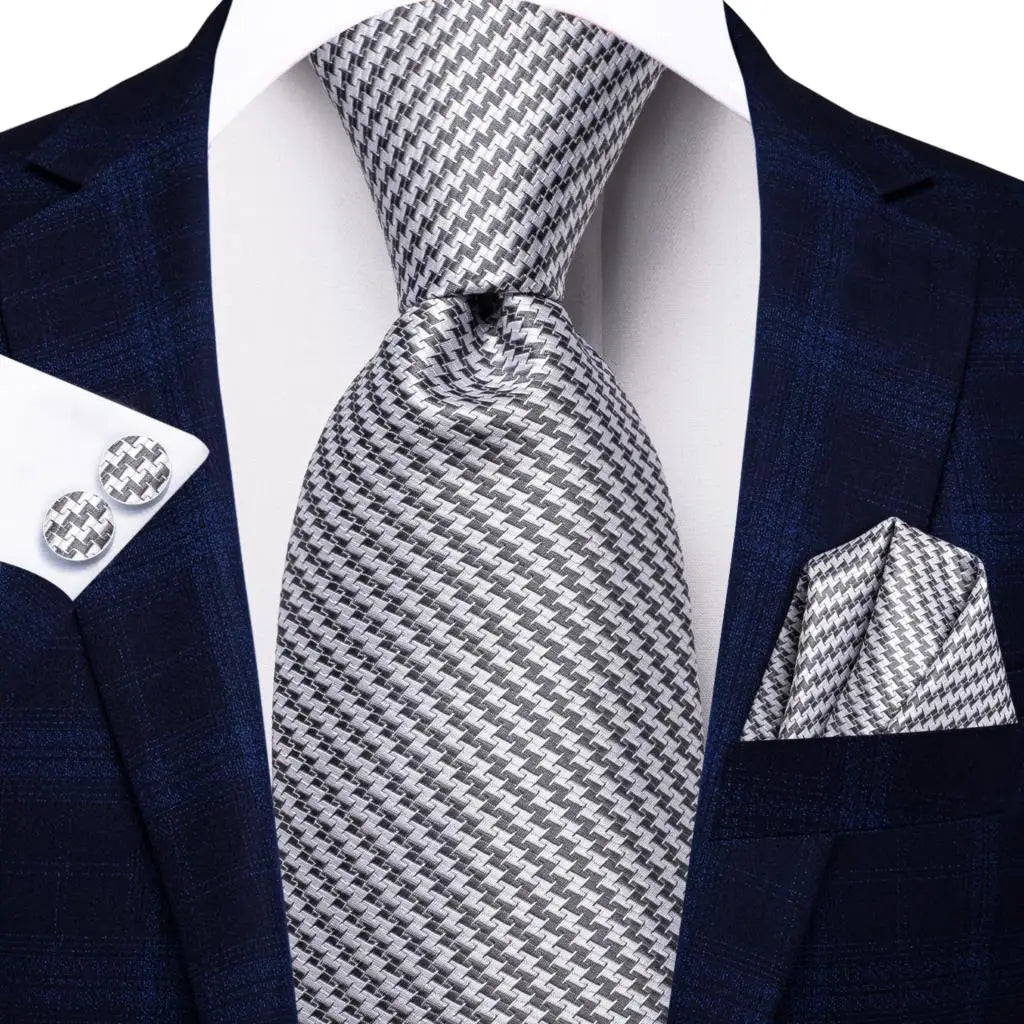 White & Grey Paisley Tie Set – Silk Necktie, Pocket Square & Cufflinks for Men – Formal Wedding & Business Accessory
