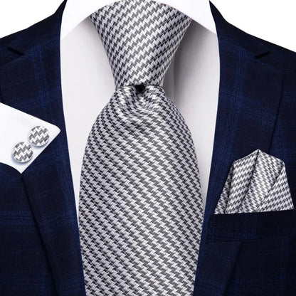 White & Grey Paisley Tie Set – Silk Necktie, Pocket Square & Cufflinks for Men – Formal Wedding & Business Accessory