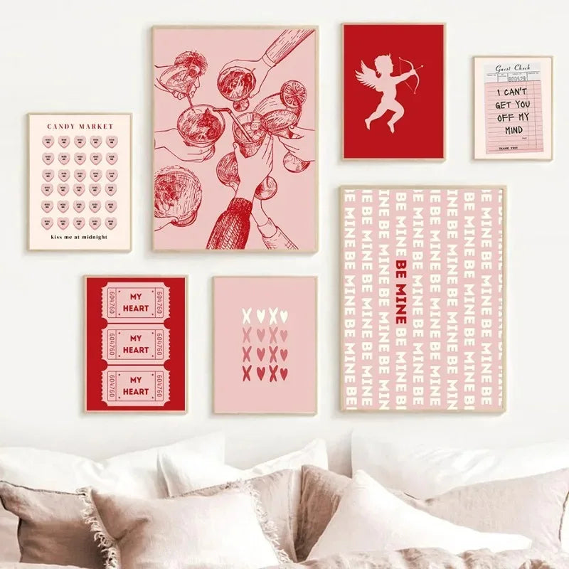 Valentine's Day Queue Gallery Printable Poster - Vintage Romantic Wall Art Cute Pink Heart Canvas Painting for Home Bedroom Decoration
