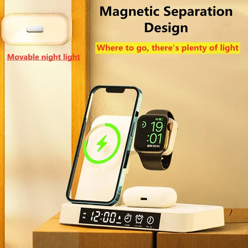 30W 3-in-1 Wireless Charging Station with Alarm Clock & Night Light – Fast Charger Stand for iPhone, Samsung, Apple Watch & Galaxy Watch