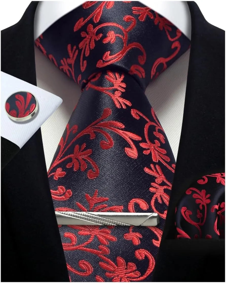 Men’s Classic Silver Paisley Tie Set – Silk Necktie, Pocket Square, Cufflinks & Tie Clip – Formal Wedding Party Gift Box
