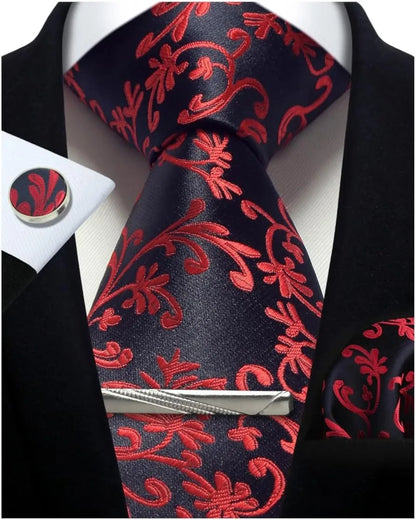 Men’s Classic Silver Paisley Tie Set – Silk Necktie, Pocket Square, Cufflinks & Tie Clip – Formal Wedding Party Gift Box