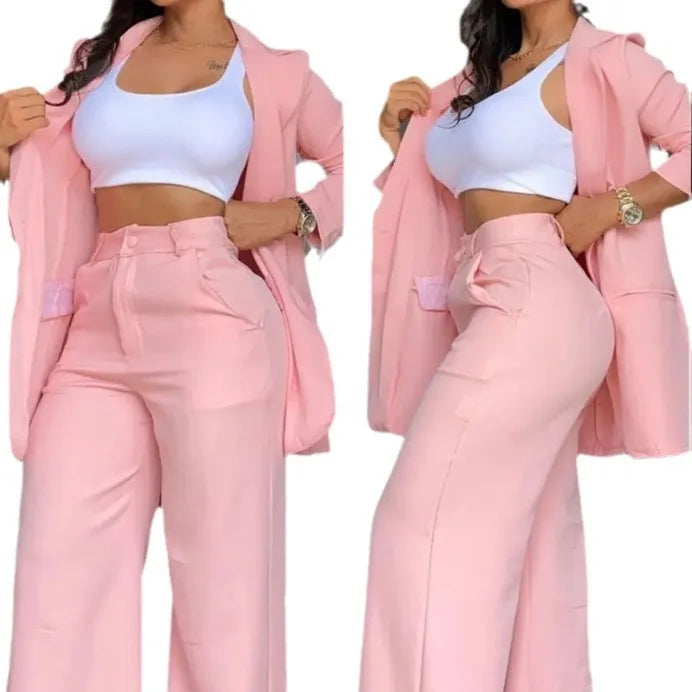Women’s 2-Piece Solid Color Set – Spring/Autumn Fashion – Elegant Split Collar Top & Straight Tube Pocket Pants