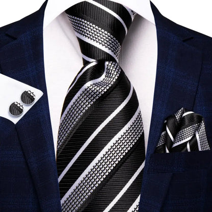 Navy Blue Striped Silk Tie Set for Men – Necktie, Pocket Square & Cufflinks – Formal Business & Wedding Gift Set