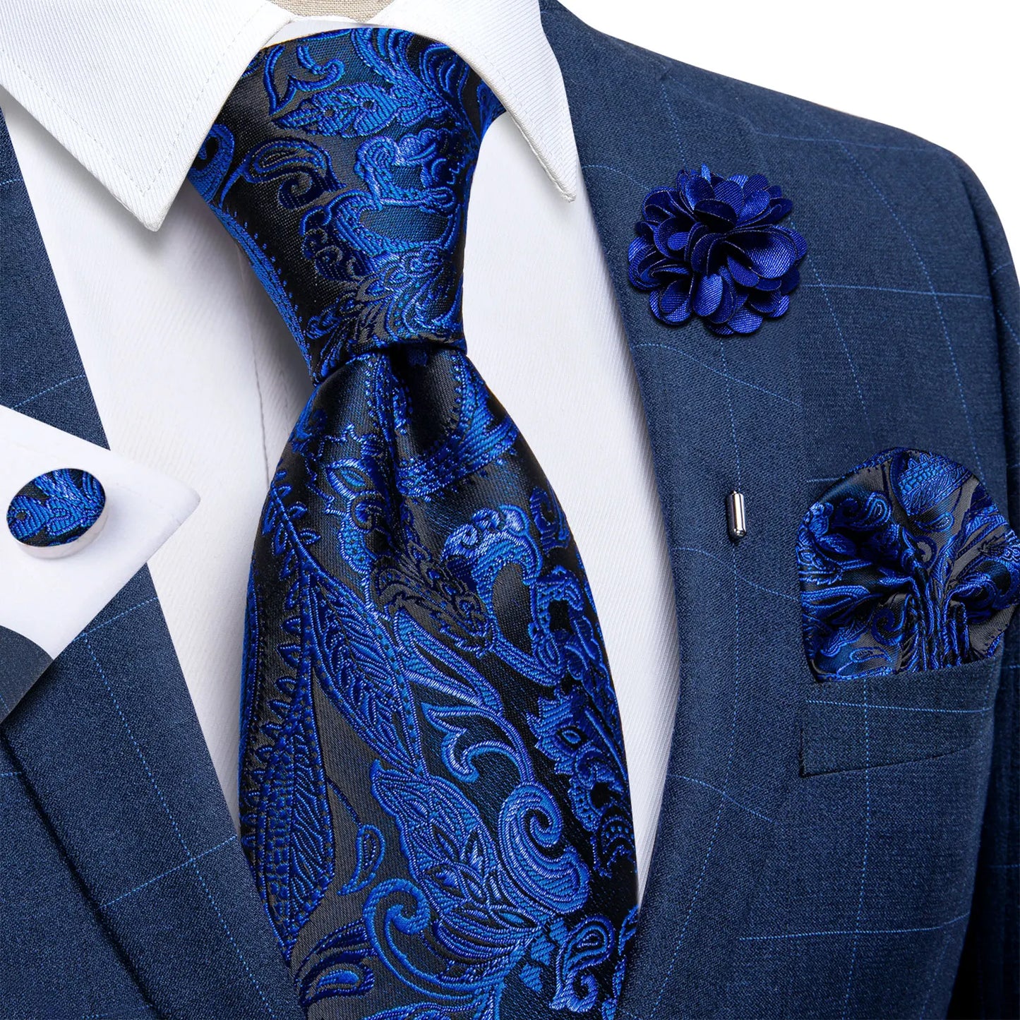 Blue & Silver Paisley Silk Tie Set – 8cm Necktie + Pocket Square + Cufflinks + Brooch – Elegant Men’s Gift for Weddings & Holidays