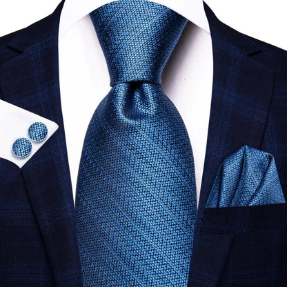 Navy Blue Striped Silk Tie Set for Men – Necktie, Pocket Square & Cufflinks – Formal Business & Wedding Gift Set