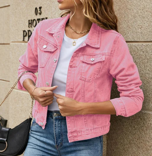 Women’s Short Denim Jacket – Trendy Lapel, Pocket Design, Single-Breasted Spring & Autumn Outwear