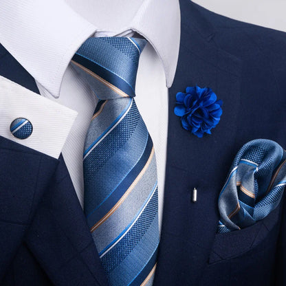 Luxury Men’s Floral Paisley Tie Set – Black & Gold Necktie with Matching Pocket Square, Cufflinks & Brooch | Elegant Wedding, Business, Dinner & Cocktail Look