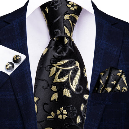 Burgundy Brown & Black Paisley Striped Silk Tie Set – Necktie + Pocket Square + Cufflinks – Formal Gift Set for Men