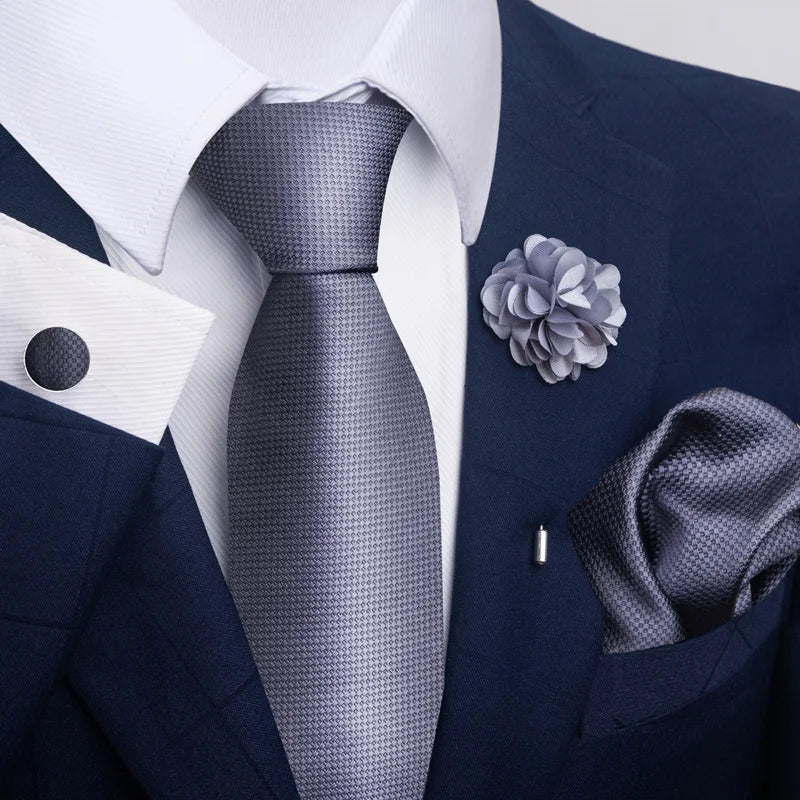Luxury Men’s Floral Paisley Tie Set – Black & Gold Necktie with Matching Pocket Square, Cufflinks & Brooch | Elegant Wedding, Business, Dinner & Cocktail Look