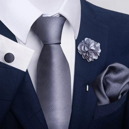 Luxury Men’s Floral Paisley Tie Set – Black & Gold Necktie with Matching Pocket Square, Cufflinks & Brooch | Elegant Wedding, Business, Dinner & Cocktail Look
