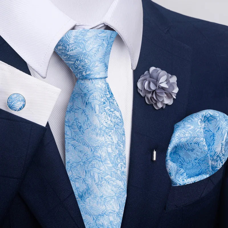 Luxury Men’s Floral Paisley Tie Set – Black & Gold Necktie with Matching Pocket Square, Cufflinks & Brooch | Elegant Wedding, Business, Dinner & Cocktail Look