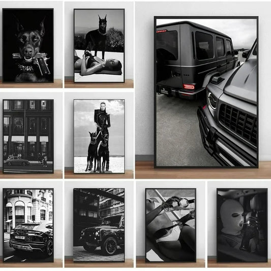 Black Colour Cool Trendy Fashion Sexy Women Wall Art Poster Dog and Luxury Car Decoration Bedroom Canvas Painting Wall Art