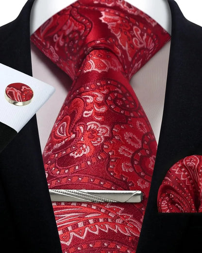 Men’s Classic Silver Paisley Tie Set – Silk Necktie, Pocket Square, Cufflinks & Tie Clip – Formal Wedding Party Gift Box