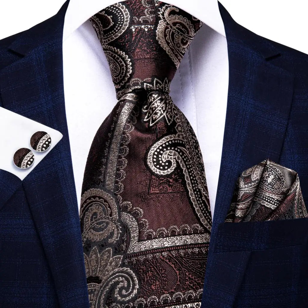 Paisley Men’s Silk Tie Set – Necktie, Pocket Square & Cufflinks – Elegant Gift for Weddings, Business & Parties
