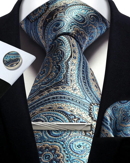 Men’s Classic Silver Paisley Tie Set – Silk Necktie, Pocket Square, Cufflinks & Tie Clip – Formal Wedding Party Gift Box