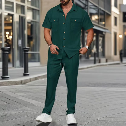 Men’s Solid Color Summer Two-Piece Set – Short-Sleeved Button-Up Shirt & Matching Trousers with Pockets