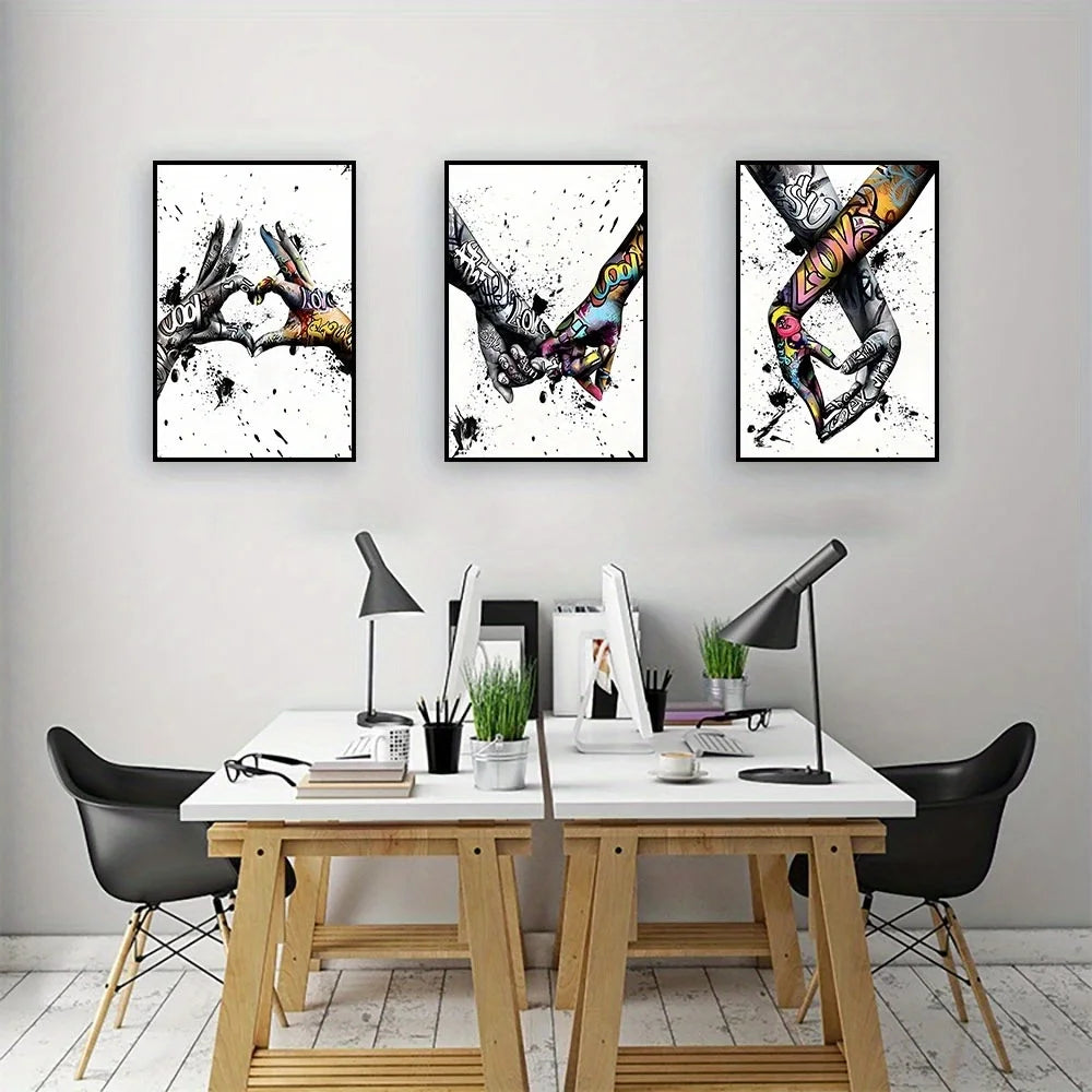 3PCS Graffiti Holding Hands Canvas Print - Abstract Paintings for Living Room, Bedroom Wall Art & Couple Gifts (Unframed)