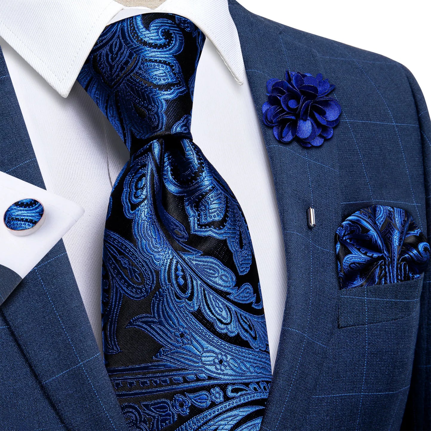 Luxury Red & Blue Floral Silk Tie Set – 8cm Necktie + Pocket Square + Cufflinks + Brooch – Men’s Formal Gift Set
