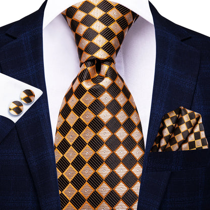 Burgundy Brown & Black Paisley Striped Silk Tie Set – Necktie + Pocket Square + Cufflinks – Formal Gift Set for Men