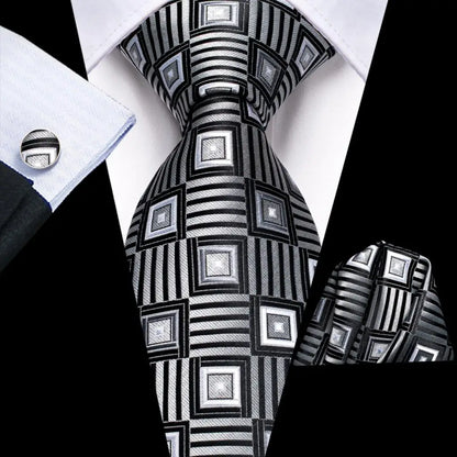 White & Grey Paisley Tie Set – Silk Necktie, Pocket Square & Cufflinks for Men – Formal Wedding & Business Accessory