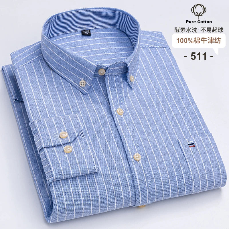 100% Cotton Oxford Long Sleeve Men's Plaid Dress Shirt – Regular Fit Formal Shirt with Pocket (S–7XL)