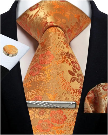 Men’s Classic Silver Paisley Tie Set – Silk Necktie, Pocket Square, Cufflinks & Tie Clip – Formal Wedding Party Gift Box