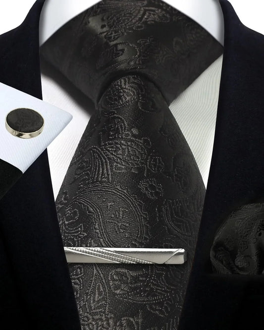 Men’s Classic Silver Paisley Tie Set – Silk Necktie, Pocket Square, Cufflinks & Tie Clip – Formal Wedding Party Gift Box