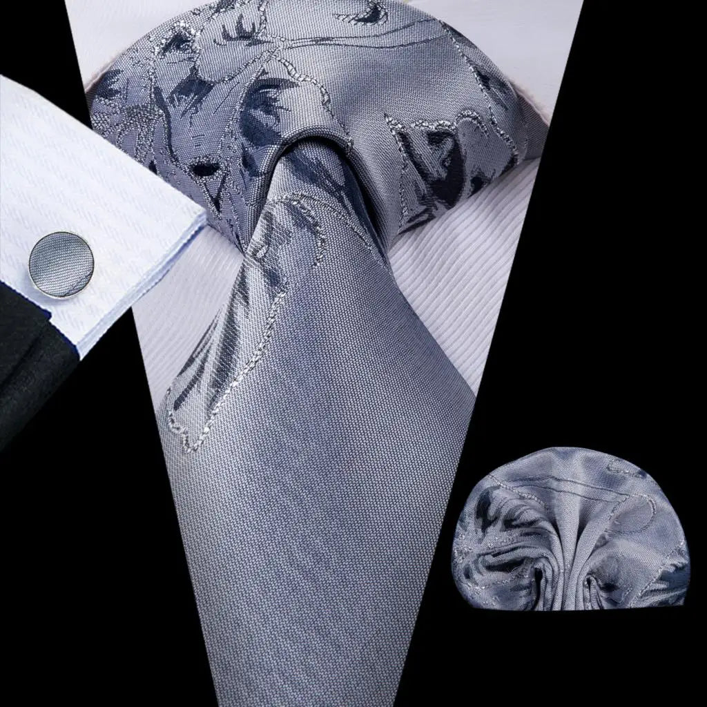White & Grey Paisley Tie Set – Silk Necktie, Pocket Square & Cufflinks for Men – Formal Wedding & Business Accessory