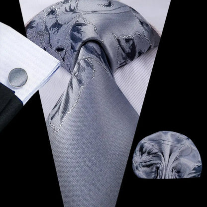 White & Grey Paisley Tie Set – Silk Necktie, Pocket Square & Cufflinks for Men – Formal Wedding & Business Accessory