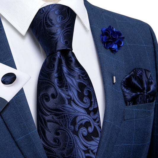 Blue & Silver Paisley Silk Tie Set – 8cm Necktie + Pocket Square + Cufflinks + Brooch – Elegant Men’s Gift for Weddings & Holidays